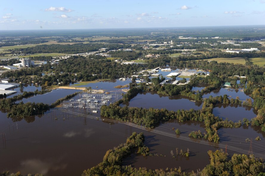 Floodwaters accumulate as the Tar River overflows in Greenville, North Carolina, October 12, 2016. The Tar River is expected to crest late in the day October 13; Greenville residents have been urged to evacuate the area before flooding worsens. (U.S. Coast Guard Photo by Coast Guard Petty Officer 3rd Class Corinne Zilnicki/Released).