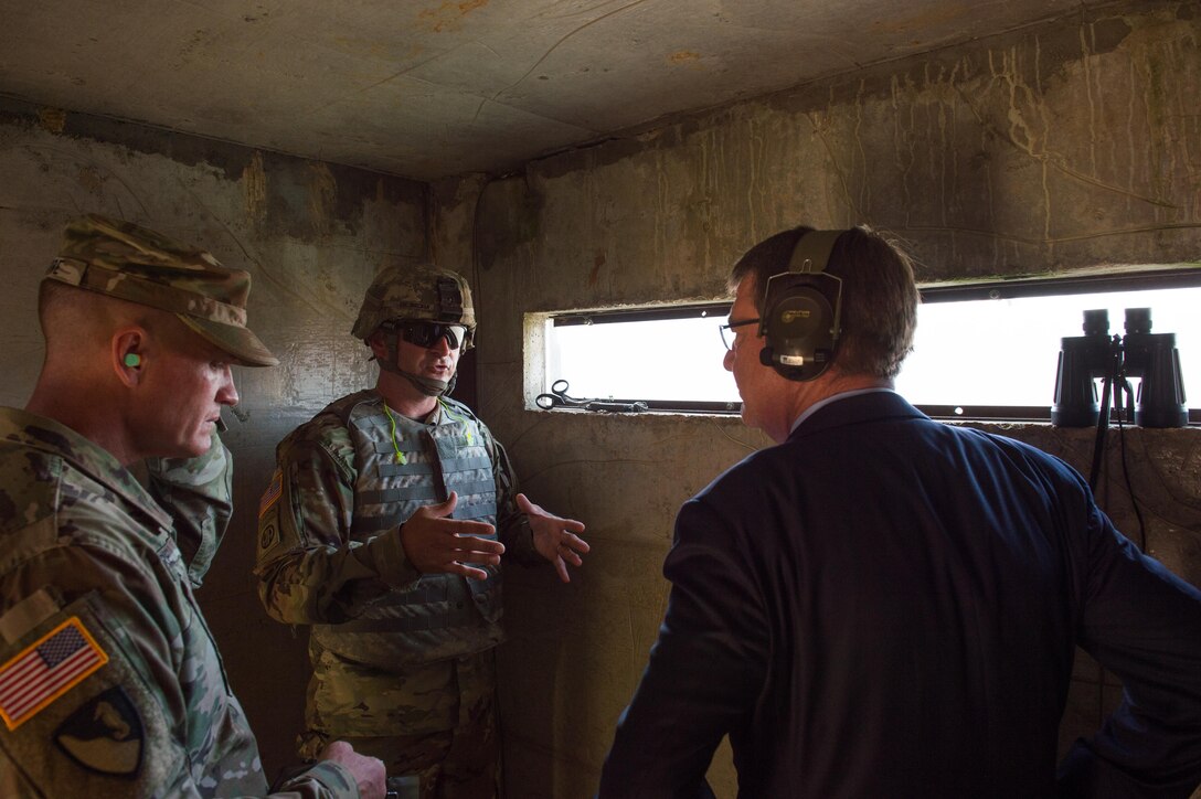 Defense Secretary Ash Carter receives a briefing during a demolition exercise at Fort Leonard Wood, Mo., Nov. 2, 2016. DoD photo by Army Sgt. Amber I. Smith