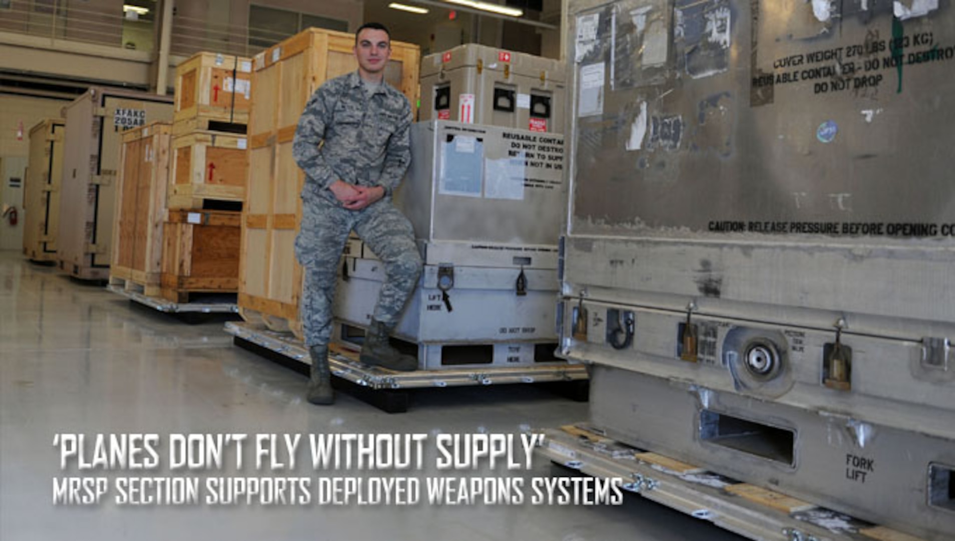 Airman 1st Class James Meyer, 27th Special Operations Logistics Readiness Squadron Materiel Management flight Mobility Readiness Spare Package apprentice, stands among recently palletized MRSP kits at Cannon Air Force Base, N.M., October 19, 2016. MRSP kits contain spare parts for aircraft are used to support designated weapons systems for as many as 30 consecutive days downrange. (U.S. Air Force photo/Staff Sgt. Whitney Amstutz/released)