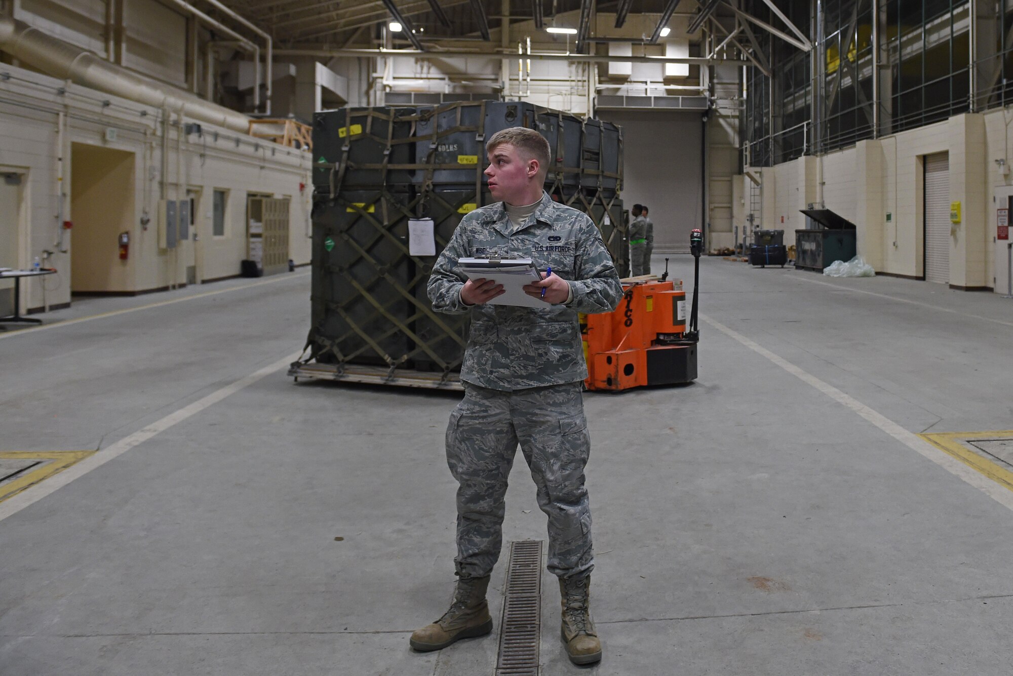 Senior Airman Brandon Wise, 732nd Air Mobility Squadron passenger service agent, performs an inspection on a fuel truck during exercise Polar Force 17-1 at the Joint Mobility Center, Nov. 2, 2016. Exercise Polar Force is designed to help validate and evaluate the wings' ability to integrate, mobilize, and prepare assigned personnel, aircraft and equipment for a wartime mission. 