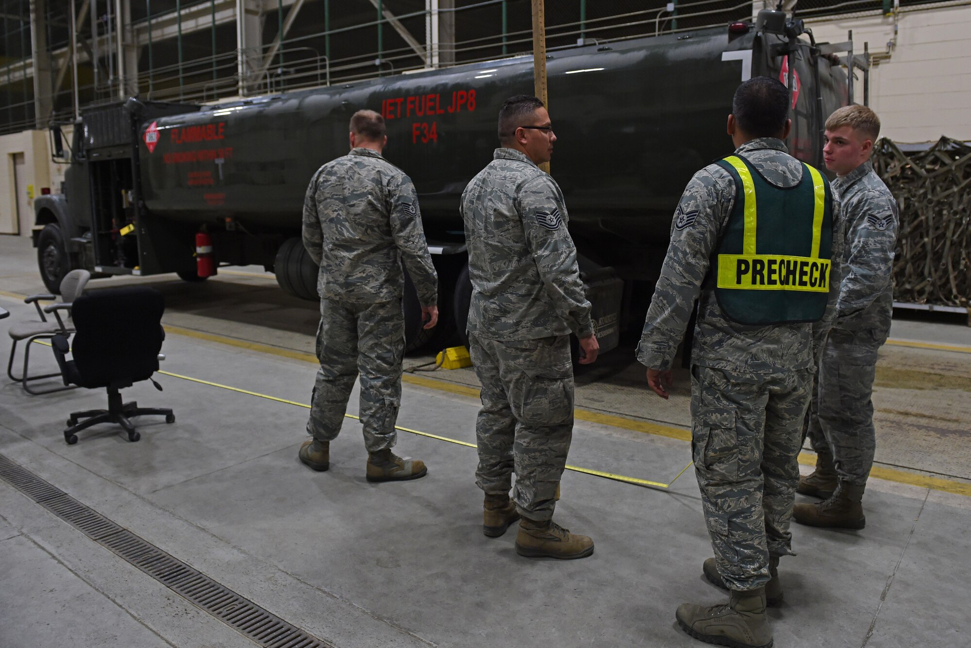 Airmen perform a fuel truck inspection during exercise Polar Force 17-1 at the Joint Mobility Center, Nov. 2, 2016. Exercise Polar Force is designed to help validate and evaluate the wings' ability to integrate, mobilize, and prepare assigned personnel, aircraft and equipment for a wartime mission. 