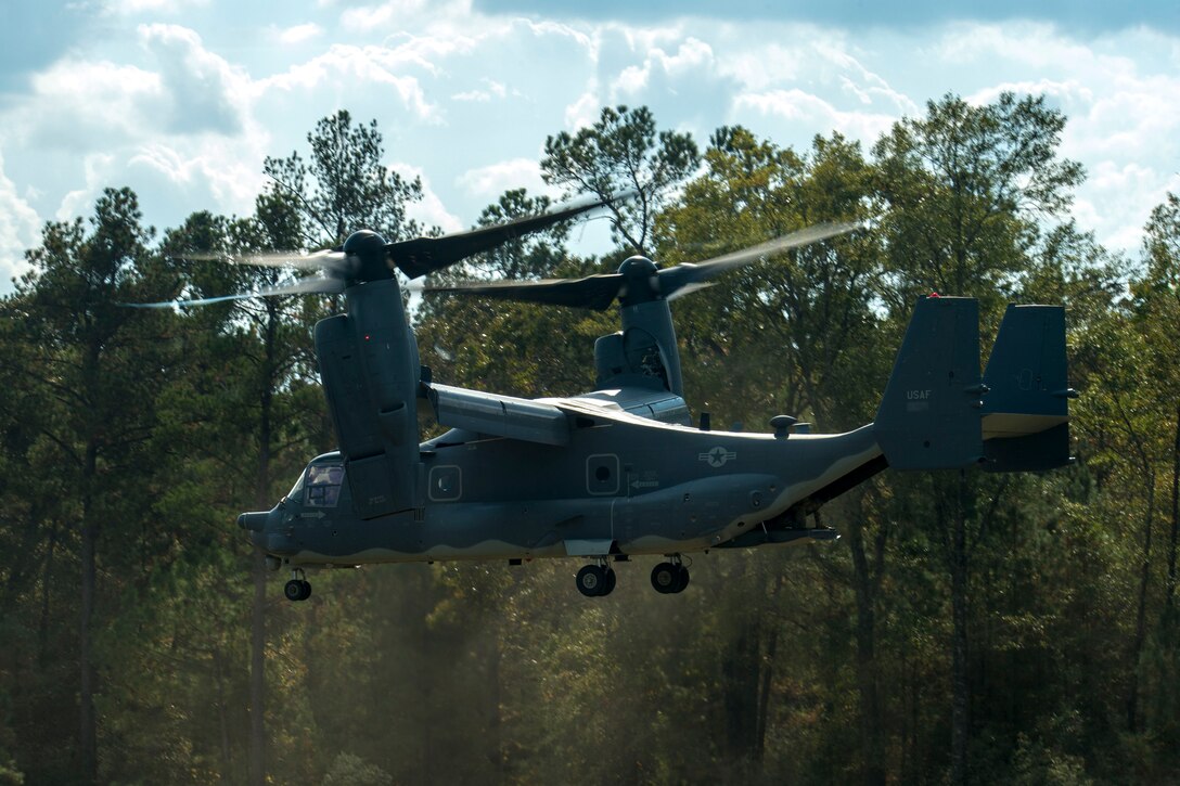 A CV-22 Osprey assigned to the Air Force 8th Special Operations Squadron takes off during an evacuation scenario as part of Southern Strike 17 at Camp Shelby Joint Forces Training Center, Miss., Nov. 2, 2016. Air Force photo by Airman 1st Class Sean Carnes