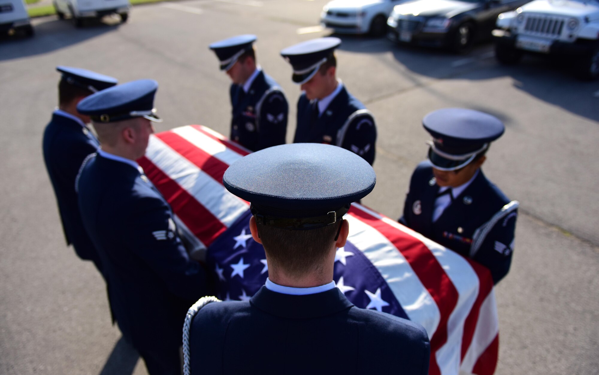 Members of the Whiteman Air Force Base Honor Guard practice a six-man funeral ceremony at Whiteman Air Force Base, Mo., Nov. 2, 2016. The Whiteman Honor Guard performs a wide array of ceremonies from color guard details to saber teams for weddings, however, the primary mission of the Whiteman Honor Guard is to provide funeral honors for veterans, retirees and active-duty members. (U.S. Air Force photo by Senior Airman Joel Pfiester)
