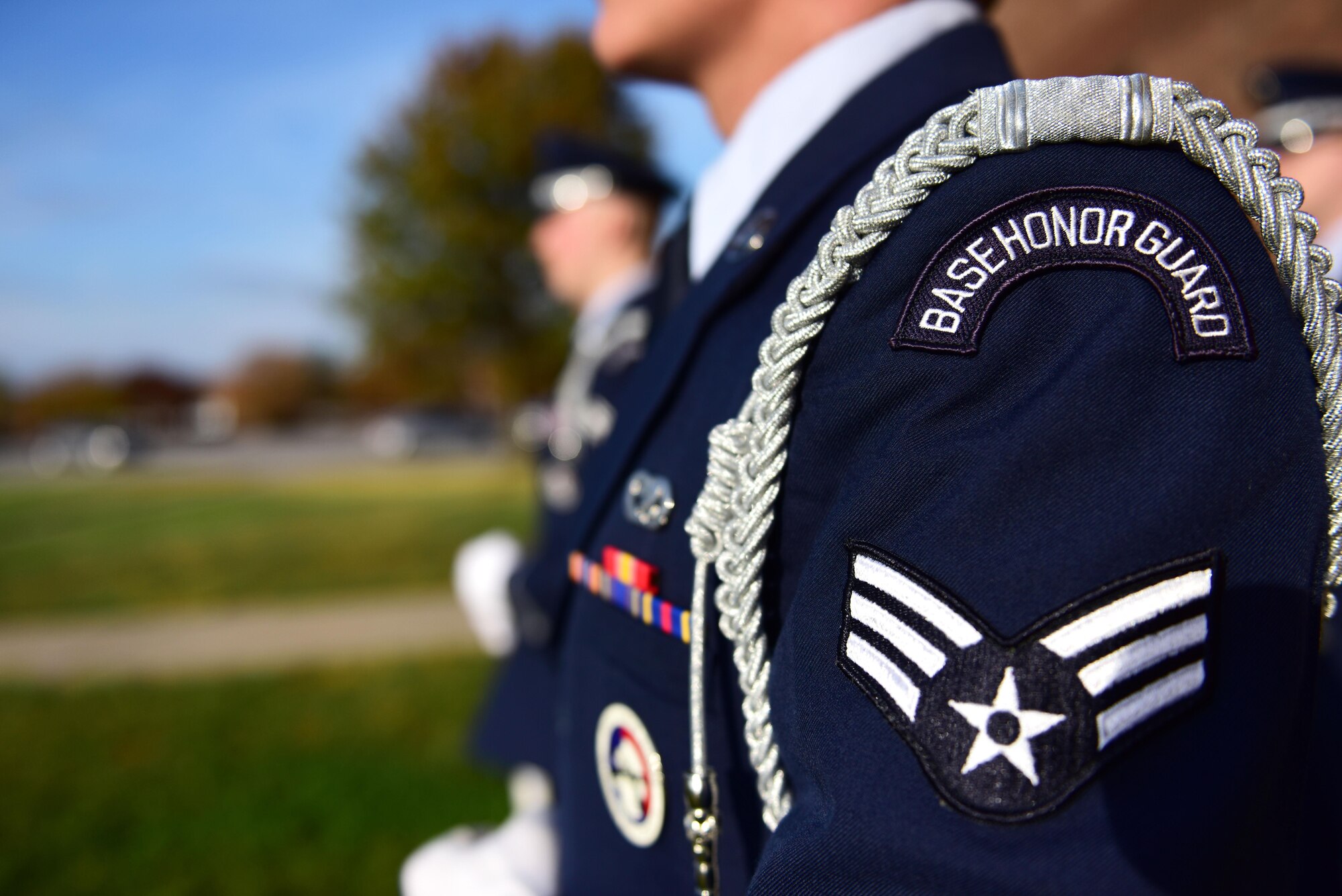 Members of the Whiteman Air Force Base Honor Guard stand at ceremonial at ease during a simulated firing party at Whiteman Air Force Base, Mo., Nov. 2, 2016. Air Force retiree funerals are provided with a flag folding ceremony and presentation, a firing team and the playing of taps. (U.S. Air Force photo by Senior Airman Joel Pfiester)