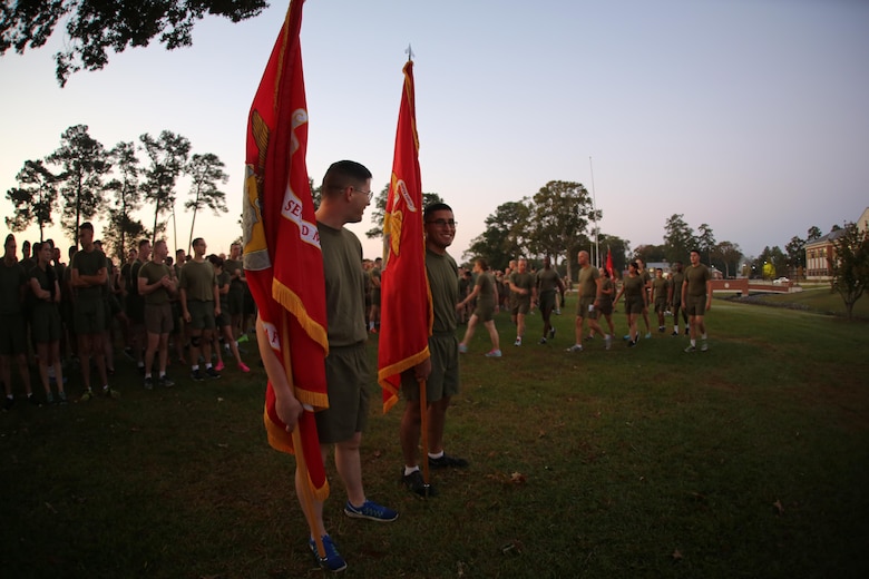 More than 2,500 Marines and sailors gather in front of the headquarters building prior to a Marine Corps birthday run at Marine Corps Air Station Cherry Point, N.C., Nov. 3, 2016. The run celebrated the 241st Marine Corps birthday and strengthened pride, esprit de corps, and camaraderie among all Marines and Sailors aboard the air station. (U.S. Marine Corps photo by Lance Cpl. Mackenzie Gibson /Released)