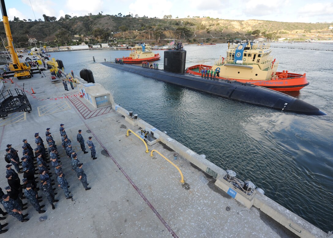 The fast-attack submarine USS Alexandria arrives at its new home port of San Diego, Nov. 10, 2015. Alexandria joined Commander, Submarine Squadron 11, after a scheduled two-year engineered overhaul at Portsmouth Naval Shipyard, N.H. Navy photo by Petty Officer 2nd Class Kyle Carlstrom 