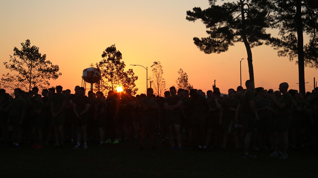 Thousands of Marines and sailors gather prior to a Marine Corps birthday run at Marine Corps Air Station Cherry Point, N.C., Nov. 3, 2016. The run celebrated the 241st Marine Corps birthday and strengthened pride, esprit de corps, and camaraderie among all Marines and Sailors aboard the air station. (U.S. Marine Corps photo by Lance Cpl. Mackenzie Gibson/Released)