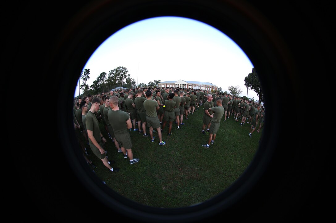Thousands of Marines and sailors gather prior to a Marine Corps birthday run at Marine Corps Air Station Cherry Point, N.C., Nov. 3, 2016. The run celebrated the 241st Marine Corps birthday and strengthened pride, esprit de corps, and camaraderie among all Marines and Sailors aboard the air station. (U.S. Marine Corps photo by Sgt. N.W. Huertas/Released)
