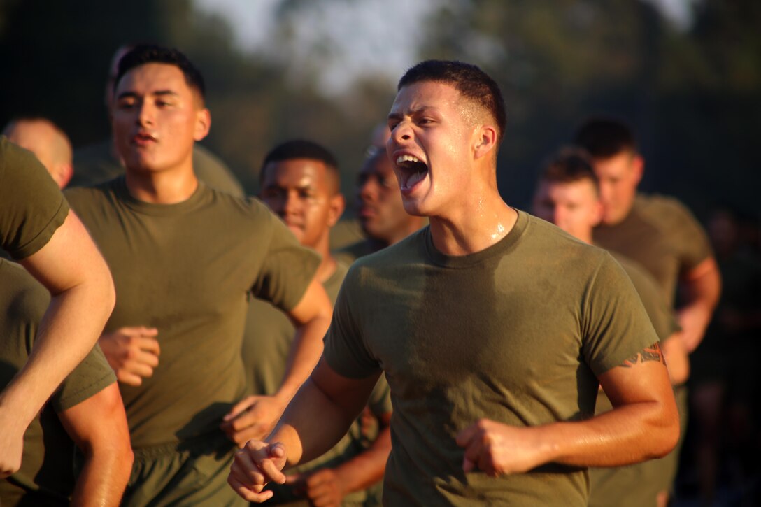 A Marine screams cadence during a Marine Corps birthday celebration run at Marine Corps Air Station Cherry Point, N.C., Nov. 3, 2016. The run celebrated the 241st Marine Corps birthday and strengthened pride, esprit de corps, and camaraderie among all Marines and Sailors aboard the air station. (U.S. Marine Corps photo by Sgt. N.W. Huertas/Released)