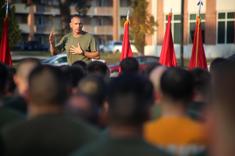 Brig. Gen. Matthew G. Glavy addresses thousands of Marines and Sailors after completing a Marine Corps birthday run at Marine Corps Air Station Cherry Point, N.C., Nov. 3, 2016. The run celebrated the 241st Marine Corps birthday and strengthened pride, esprit de corps, and camaraderie among all Marines and Sailors aboard the air station. Glavy is the 2nd Marine Aircraft Wing commanding general. (U.S. Marine Corps photo by Sgt. N.W. Huertas/Released)