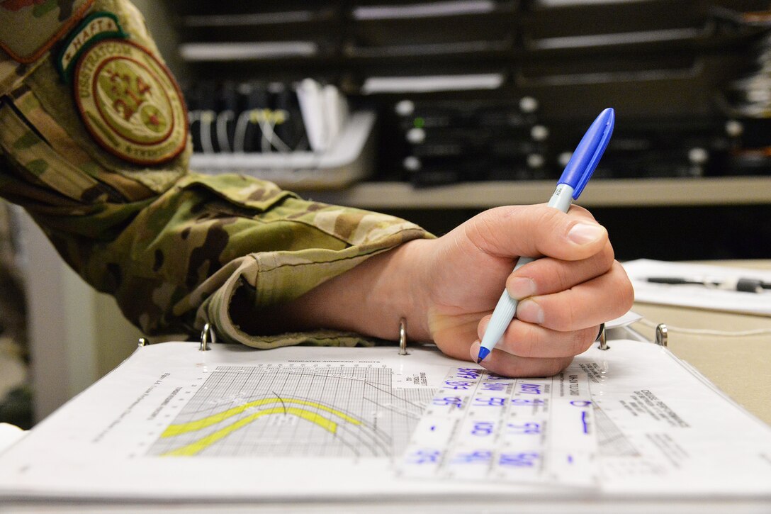 Staff Sgt. Eric McElroy, 40th Helicopter Squadron flight engineer, completes a takeoff and landing data card, or TOLD card, Nov. 2, 2016, at Malmstrom Air Force Base, Mont. Flight engineers use the cards to ensure the aircraft has enough fuel, is under the maximum weight allowance and can last the full duration of a mission. (U.S. Air Force photo/Airman 1st Class Daniel Brosam)