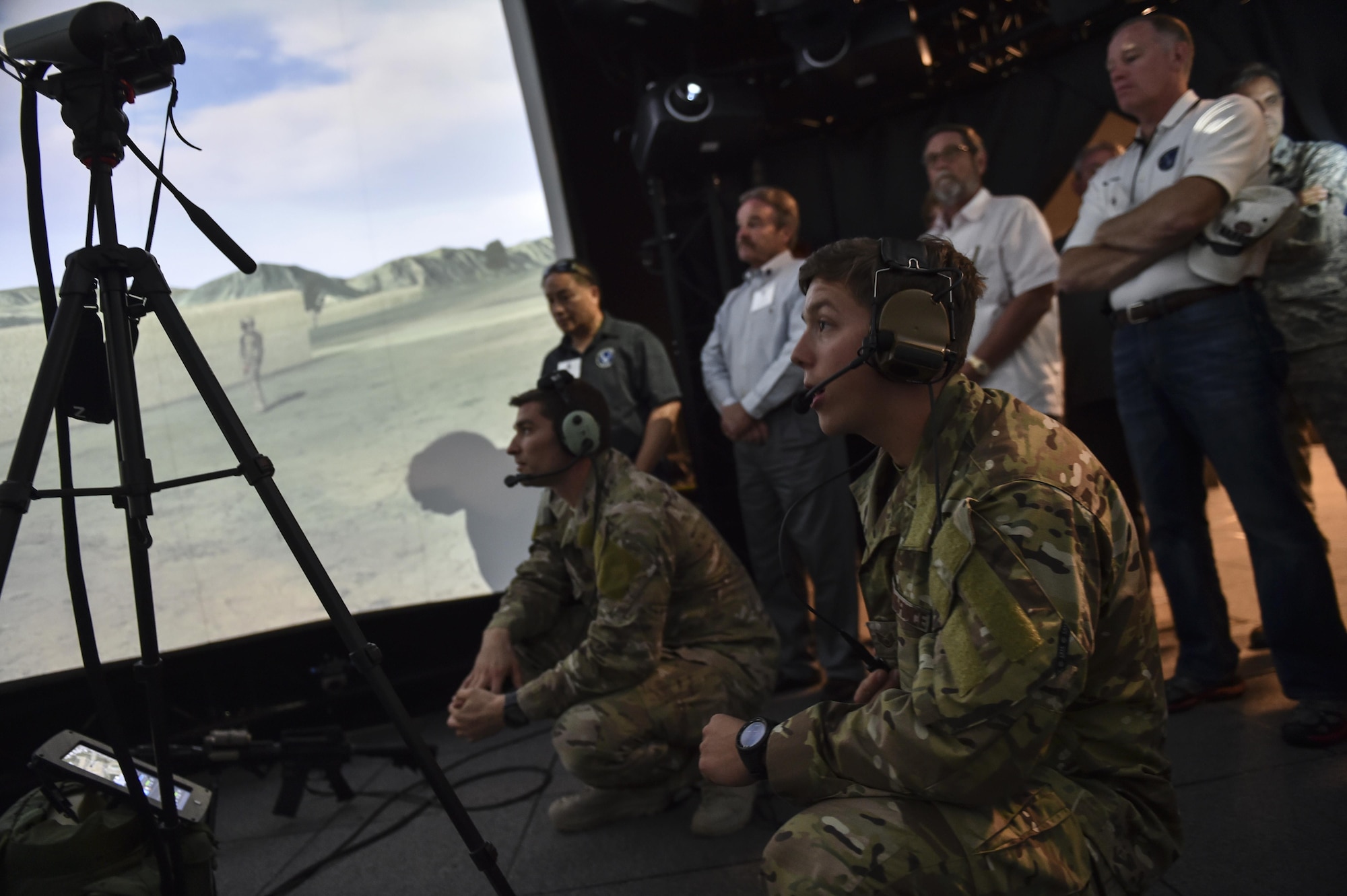 Special Tactics Airmen demonstrate the Joint Terminal Attack Control simulator to a group of civic leaders during the Chief of Staff of the Air Force Civic Leader Tour at Hurlburt Field, Fla., Nov. 2, 2016. In the Air Force, the JTAC qualification is earned primarily by tactical air control party and combat control Airmen to direct close air support and other offensive air operations from the battlefield. (U.S. Air Force photo by Senior Airman Ryan Conroy) 