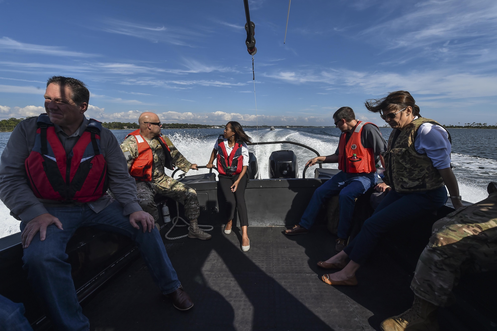 Civic leaders travel to Eglin Air Force Base Range on tactical boats – often used in maritime training -- during the Chief of Staff of the Air Force Civic Leader Tour from Hurlburt Field, Fla., Nov. 2, 2016. A group of CSAF civic leaders were given a hands-on tour of Special Tactics capabilities and offered a unique perspective of the Air Force’s ground operators through several operational demonstrations.  (U.S. Air Force photo by Senior Airman Ryan Conroy)