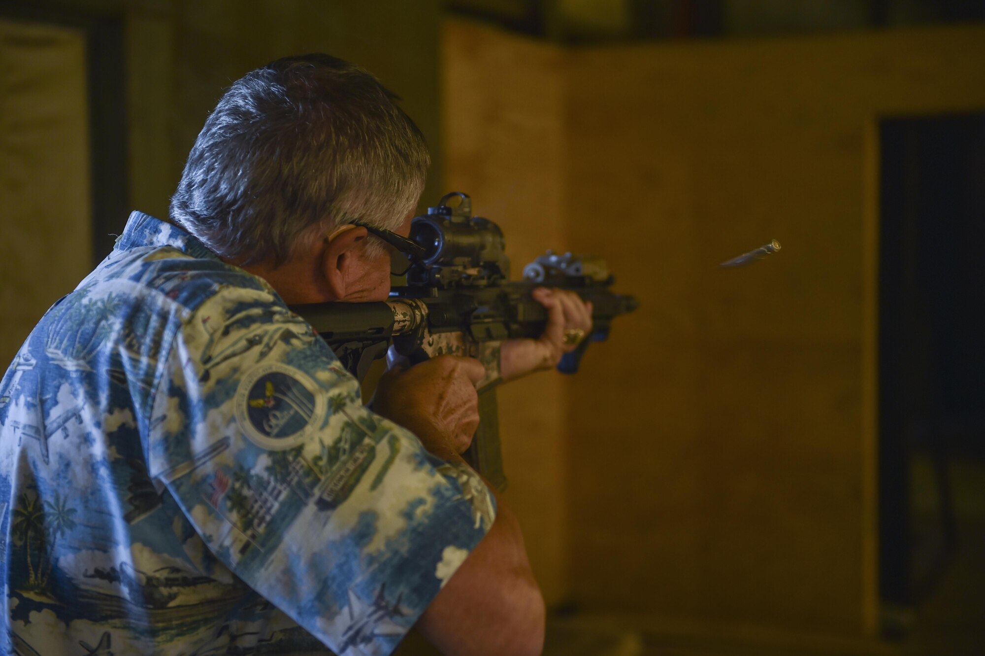 Mr. Lee Webber, a civic leader from Andersen Air Force Base, Guam, fires an M-4 Carbine during the Chief of Staff of the Air Force Civic Leader Tour at Hurlburt Field, Fla., Nov. 2, 2016. A group of CSAF civic leaders were given a hands-on tour of Special Tactics capabilities and offered a unique perspective of the Air Force’s ground operators through several operational demonstrations. (U.S. Air Force photo by Senior Airman Ryan Conroy)