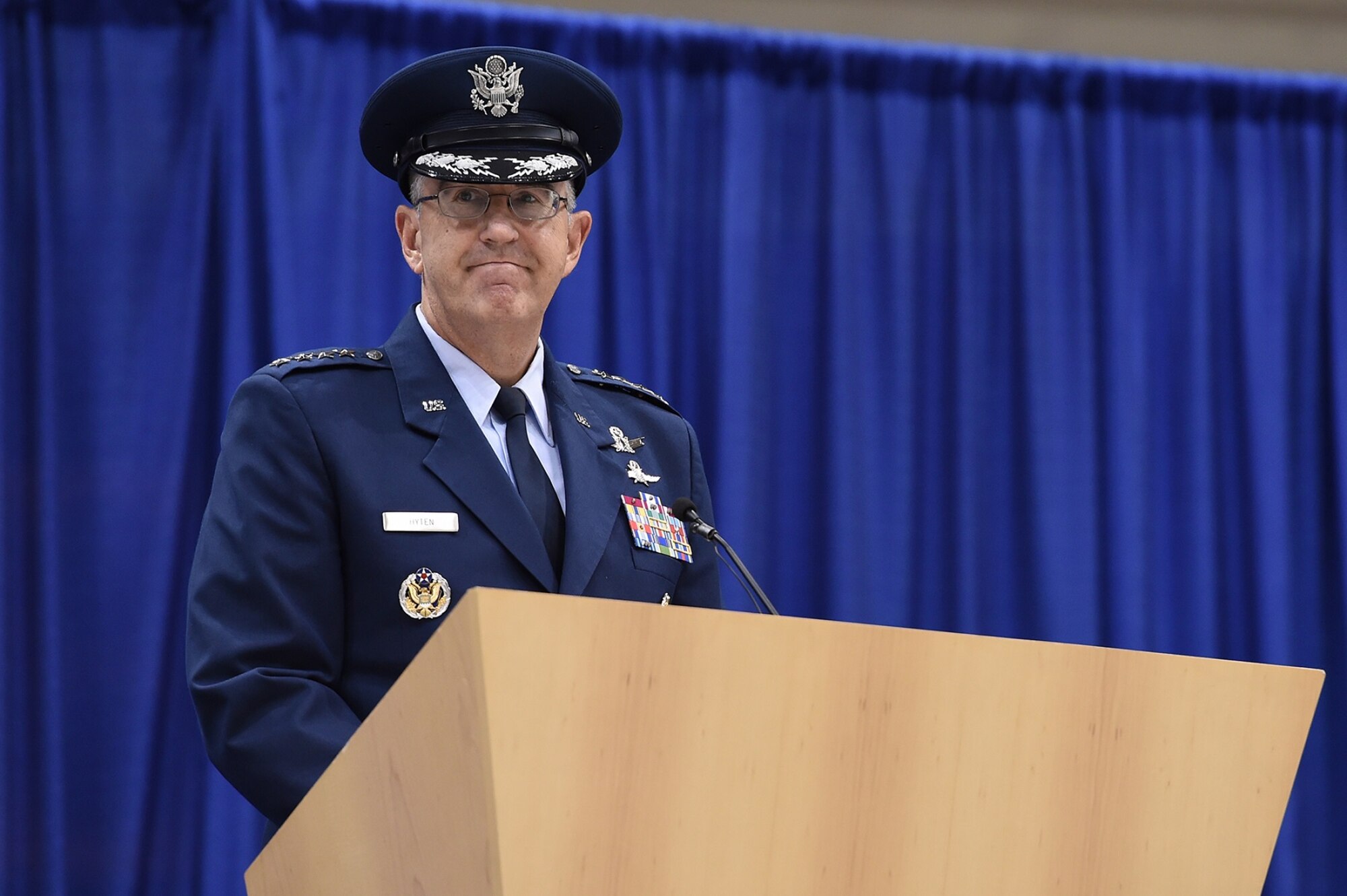Gen. John E. Hyten, commander of U.S. Strategic Command (USSTRATCOM) provided remarks during the change of command ceremony at Offutt Air Force Base, Neb., Nov. 3, 2016. Secretary of Defense Ash Carter presided over the change of command and provided remarks during which he congratulated Hyten on his appointment as the new USSTRATCOM commander. He also thanked Adm. Cecil D. Haney, outgoing USSTRATCOM commander, for his service. Additionally, Chairman of the Joint Chiefs of Staff Gen. Joseph F. Dunford provided remarks during the ceremony and presented the Joint Meritorious Unit Award to USSTRATCOM. Hyten previously served as commander of Air Force Space Command, and Haney will retire from active military duty during a separate ceremony in January. One of nine DoD unified combatant commands, USSTRATCOM has global strategic missions assigned through the Unified Command Plan that include strategic deterrence; space operations; cyberspace operations; joint electronic warfare; global strike; missile defense; intelligence, surveillance and reconnaissance; combating weapons of mass destruction; and analysis and targeting. (U.S. Air Force photo by Staff Sgt. Jonathan Lovelady)