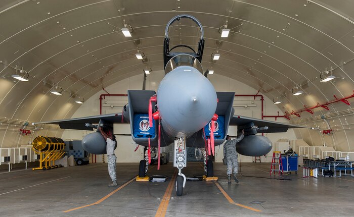 U.S. Air Force Staff Sgt. Nicholas McCants and Airman 1st Class Kalon Lobbins, 44th Aircraft Maintenance Unit load crew members, prepare for weapons load training Nov. 2, 2016, at Kadena Air Base, Japan. To maintain certification as load crew members, Airmen must go through monthly evaluations. 