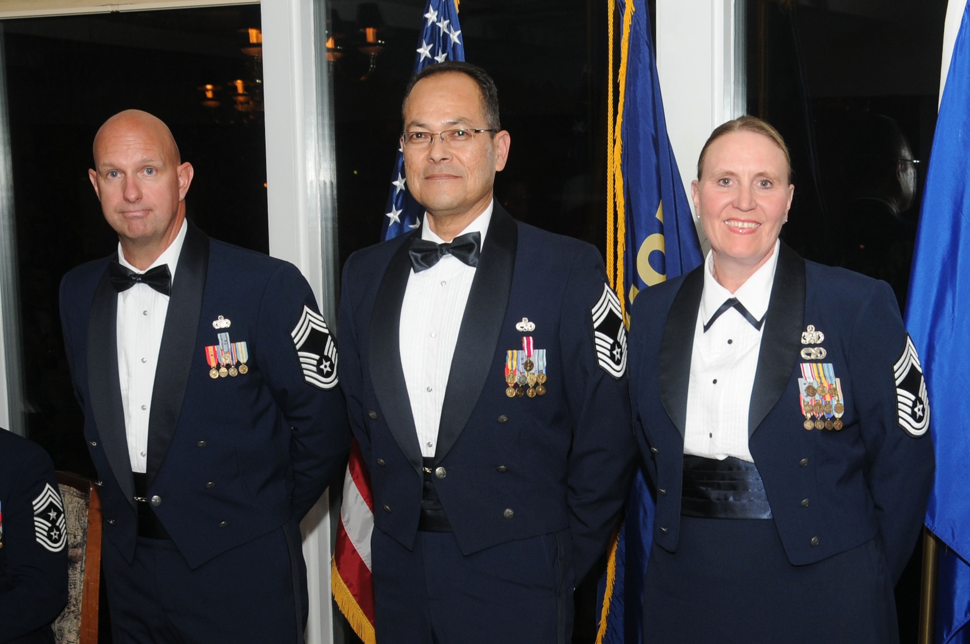 120th Airlift Wing Chief Master Sgts. John Weber, Osvaldo Mendez and Teresa Parker were inducted to the top enlisted rank during the Montana Air National Guard Chief Induction Ceremony held at the Meadowlark Country Club in Great Falls, Mont., Sept. 30, 2016. (U.S. Air National Guard photo by Senior Master Sgt. Eric Peterson) 