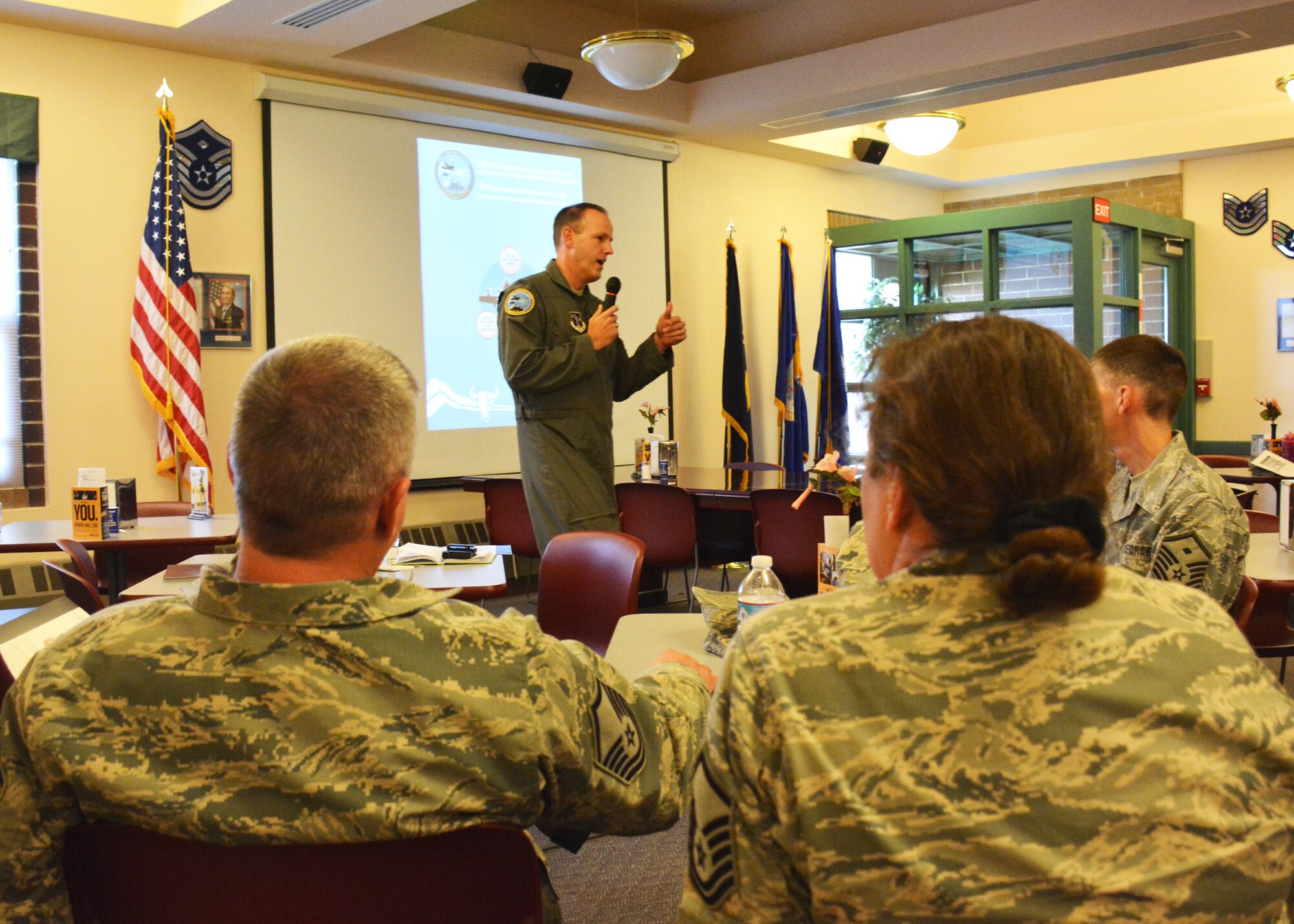 120th Airlift Wing Commander Col. Lee Smith discusses the 120AW Strategic Plan with Airmen during his third “lunch and learn” event held in the 120th AW dining facility during the regularly scheduled drill Oct. 2, 2016. The plan outlines the mission, vision, priorities, goals and objectives for the 120th AW for the next two years. (U.S. Air National Guard photo by Senior Master Sgt. Eric Peterson)