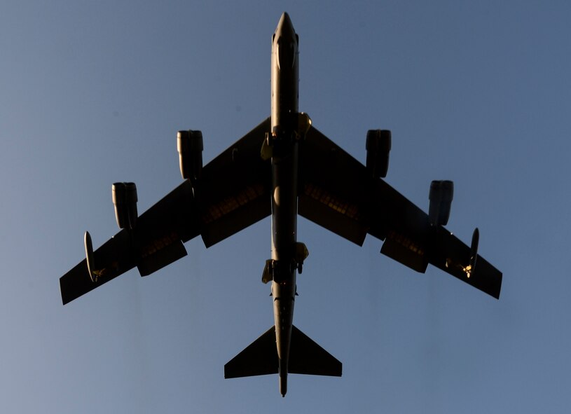 A B-52 Stratofortress prepares to land at Barksdale Air Force Base, La., Oct. 30, 2016, after supporting U.S. Strategic Command exercise Global Thunder 17.  GT17 is an annual USSTRATCOM-sponsored command post and field training exercise designed to provide training opportunities and to test and validate command, control and operational procedures. The training is based on a notional scenario developed to drive execution of USSTRATCOM and component forces’ ability to support the geographic combatant commands, deter adversaries and, if necessary, employ forces as directed by the president of the United States. (U.S. Air Force photo/Senior Airman Amanda Morris)