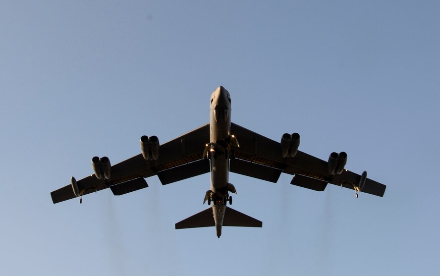 A B-52 Stratofortress prepares to land at Barksdale Air Force Base, La., Oct. 30, 2016 after supporting U.S. Strategic Command exercise Global Thunder 17.  Exercise Global Thunder is USSTRATCOM’s annual field training and battle staff exercise to train Department of Defense forces and assess joint operational readiness. GT17 provided training opportunities to and exercise scenarios for all USSTRATCOM mission areas, with specific focus on nuclear readiness. (U.S. Air Force photo/Senior Airman Amanda Morris)