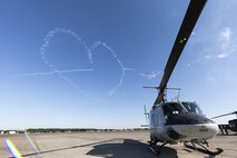 The Japan Air Self-Defense Force aerobatic team, Blue Impulse, create a heart in the sky at an annual air show at Iruma Air Base, Japan, Nov. 3, 2016. Blue Impulse used the smoke-trails to create artistic patterns. (U.S. Air Force photo by Yasuo Osakabe/Released) 