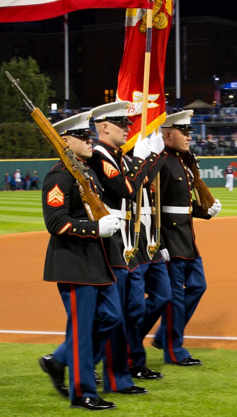 Marines from 3rd Battalion, 25th Marine Regiment, 4th Marine Division, participated in a Color Guard ceremony at game one of the 2016 World Series at Progressive Field in Cleveland, Oct. 25, 2016. Just before the ceremony, announcer Bob Tyek gave credit to the Marine Corps Reserve and its 100 years of faithful service. Today, approximately 500 Reserve Marines are providing fully integrate global operational support to the Fleet and Combatant Commanders. For more information on the history and heritage of the Marine Corps Reserve as well as current Marine stories and upcoming Centennial events, please visit www.marines.mil/usmcr100. (U.S. Marine Corps photo by Lance Cpl. Dallas Johnson)