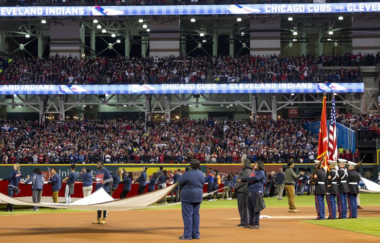 Marines from 3rd Battalion, 25th Marine Regiment, 4th Marine Division, participated in a Color Guard ceremony at game one of the 2016 World Series at Progressive Field in Cleveland, Oct. 25, 2016. Just before the ceremony, announcer Bob Tyek gave credit to the Marine Corps Reserve and its 100 years of faithful service. Today, approximately 500 Reserve Marines are providing fully integrate global operational support to the Fleet and Combatant Commanders. For more information on the history and heritage of the Marine Corps Reserve as well as current Marine stories and upcoming Centennial events, please visit www.marines.mil/usmcr100. (U.S. Marine Corps photo by Lance Cpl. Dallas Johnson)