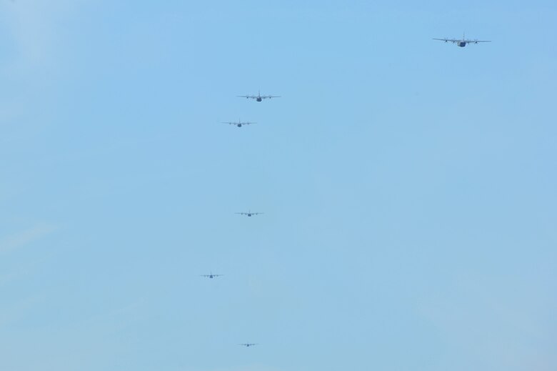 An 11-ship C-130J formation launches from Little Rock Air Force Base, Ark. Oct. 24, 2016. The aircraft can airdrop cargo loads of up to 42,000 pounds and use high-flotation landing gear to land and deliver cargo on dirt landing zones. (U.S. Air Force photo by Airman Grace Nichols)