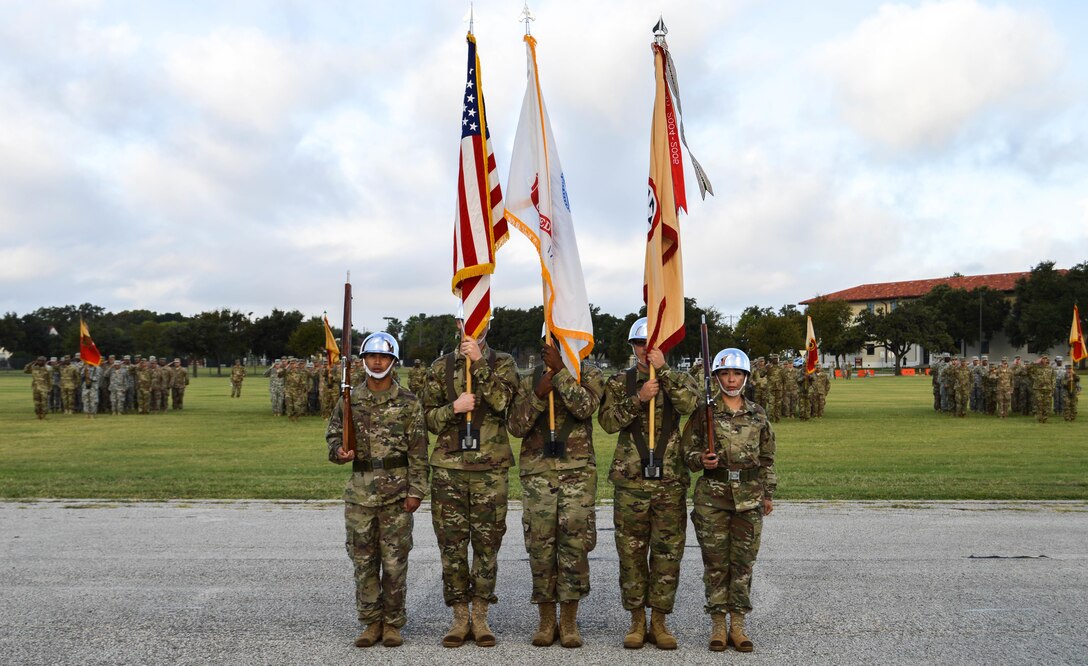 Five soldiers from the 4th Sustainment Command (Expeditionary) formed the color guard at Brig. Gen. Alex Fink's change of command ceremony held at Fort Sam Houston, Texas, on Oct. 15, 2016.  (U.S. Army Photo by Spc. Eddie Serra)