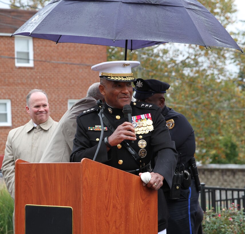 Retired U.S. Marine Corps Lt. Gen. Ronald S. Coleman speaks during his street dedication ceremony Oct. 22, 2016, in Darby, Pa. Coleman was being honored as a hometown hero. (U.S. Marine Corps photo by Cpl. Matthew Myers)