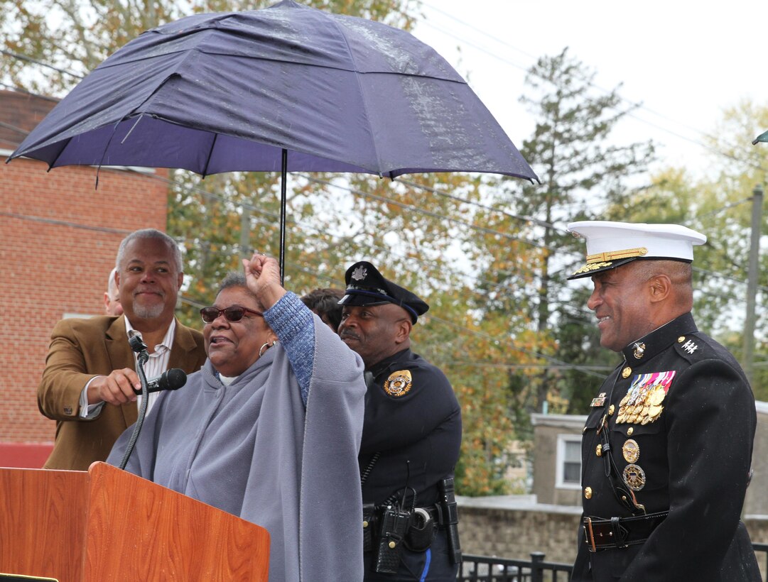 Darby, Pa., Mayor Helen Thomas speaks during a street dedication ceremony in honor of retired U.S. Marine Corps Lt. Gen. Ronald S. Coleman Oct. 22, 2016, in Darby. Coleman was being honored as a hometown hero. The new street, Ronald S. Coleman Boulevard, replaced 10th Street in Darby. (U.S. Marine Corps photo by Cpl. Matthew Myers)