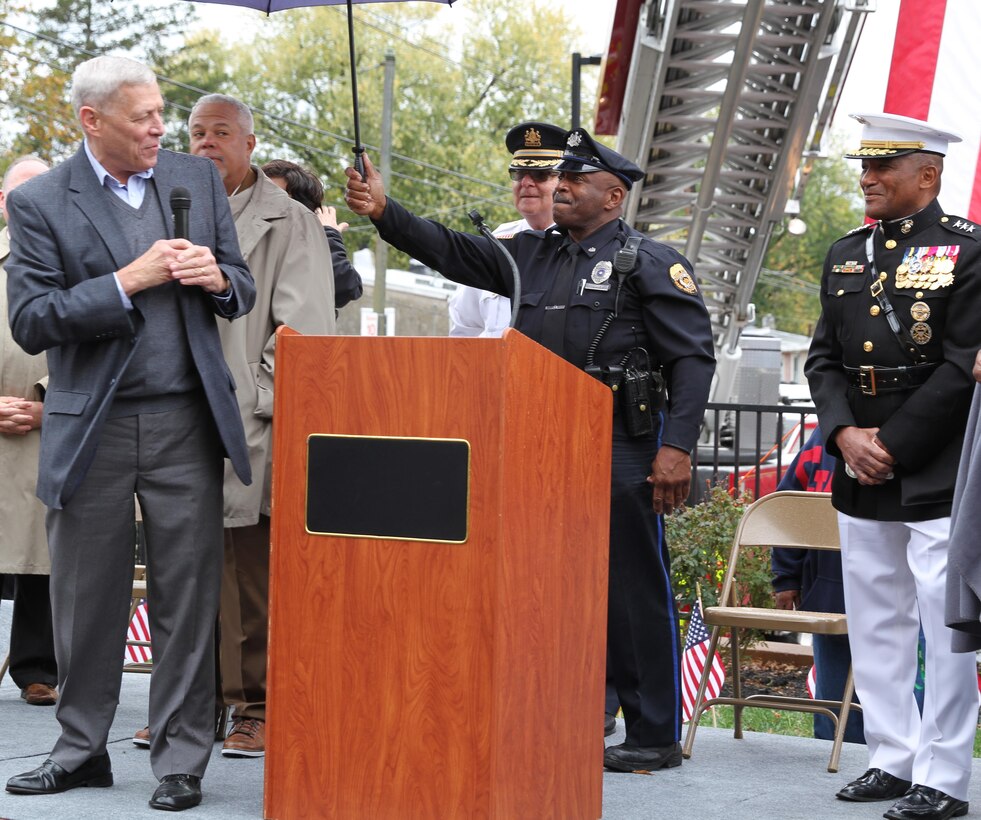 Retired Assistant Commandant of the Marine Corps, Gen. John M. Paxton Jr., speaks during a street dedication ceremony in honor of retired Lt. Gen. Ronald S. Coleman Oct. 22, 2016, in Darby, Pa. Coleman was being honored as a hometown hero. The new street, Ronald S. Coleman Boulevard, replaced 10th Street in Darby. (U.S. Marine Corps photo by Cpl. Matthew Myers)