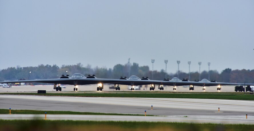 U.S. Air Force B-2 Spirits assigned to Air Force Global Strike Command (AFGSC) prepare to take off from the runway at Whiteman Air Force Base, Mo., Oct 30, 2016, during exercise Global Thunder 17. AFGSC supports U.S. Strategic Command's (USSTRATCOM) global strike and nuclear deterrence missions by providing strategic assets, including bombers like the B-52 and B-2, to ensure a safe, secure, effective and ready deterrent force. Global Thunder is an annual training event that assesses command and control functionality in all USSTRATCOM mission areas and affords component commands a venue to evaluate their joint operational readiness.(U.S. Air Force photo by Senior Airman Jovan Banks) 