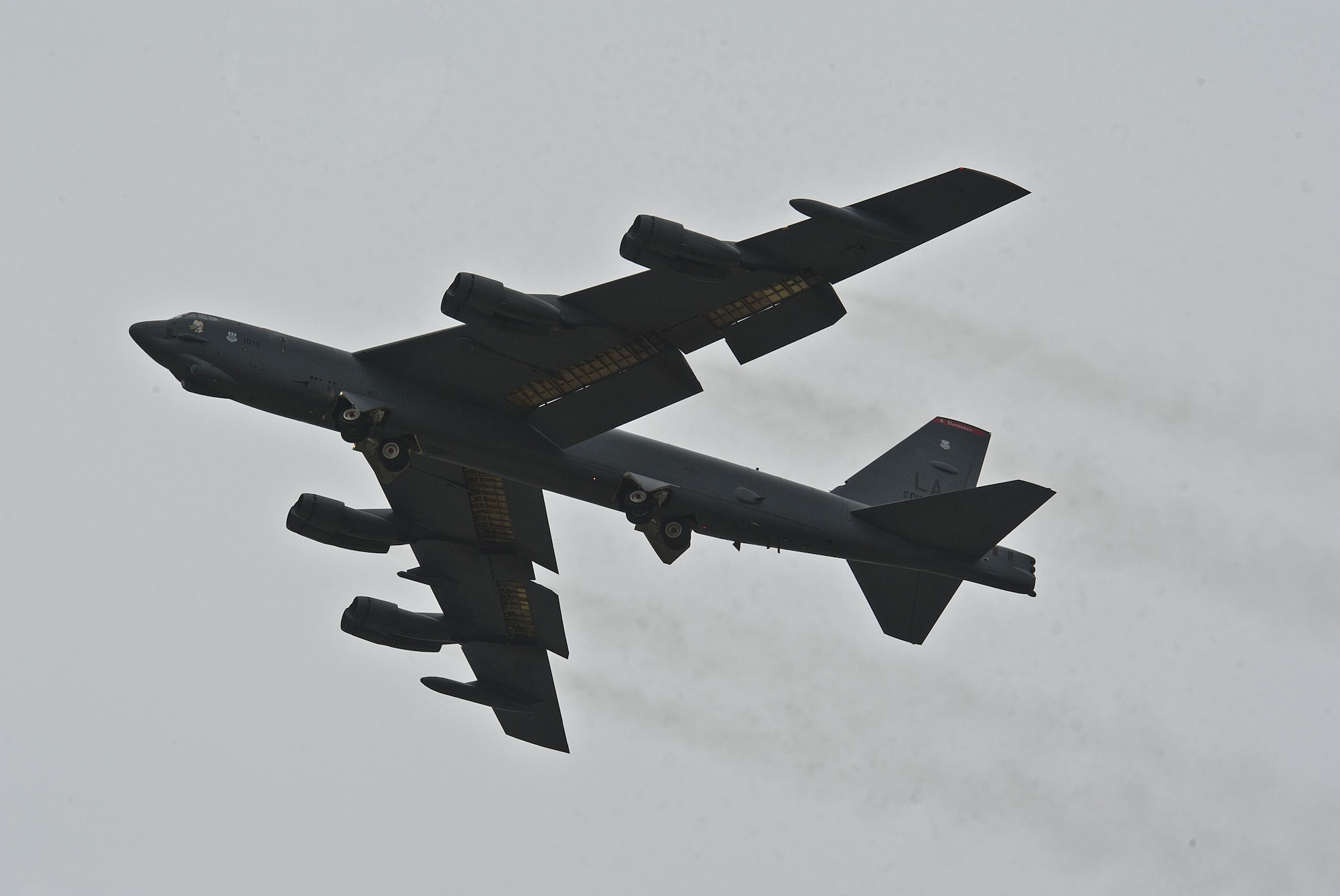 A B-52H Stratofortress assigned to Air Force Global Strike Command (AFGSC) flies over Minot Air Force Base, N.D., Oct. 30, 2016, during exercise Global Thunder 17. AFGSC supports U.S. Strategic Command's (USSTRATCOM) global strike and nuclear deterrence missions by providing strategic assets, including bombers like the B-52 and B-2, to ensure a safe, secure, effective and ready deterrent force. Global Thunder is an annual training event that assesses command and control functionality in all USSTRATCOM mission areas and affords component commands a venue to evaluate their joint operational readiness. (U.S. Air Force photo by Airman 1st Class Jonathan McElderry)
