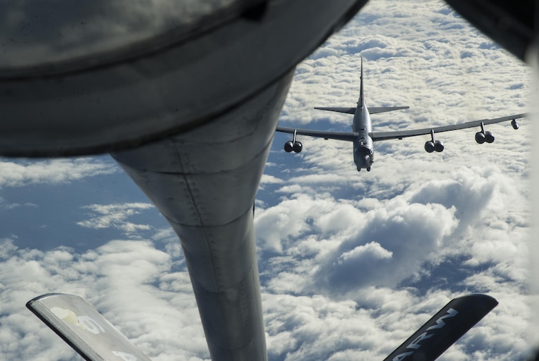 A KC-135 Stratotanker prepares to refuel a B-52 Stratofortress Oct. 30, 2016, near Fairchild Air Force Base, Wash. Two B-52s were refueled during the mission. (U.S. Air Force photo/Tech. Sgt. Travis Edwards)