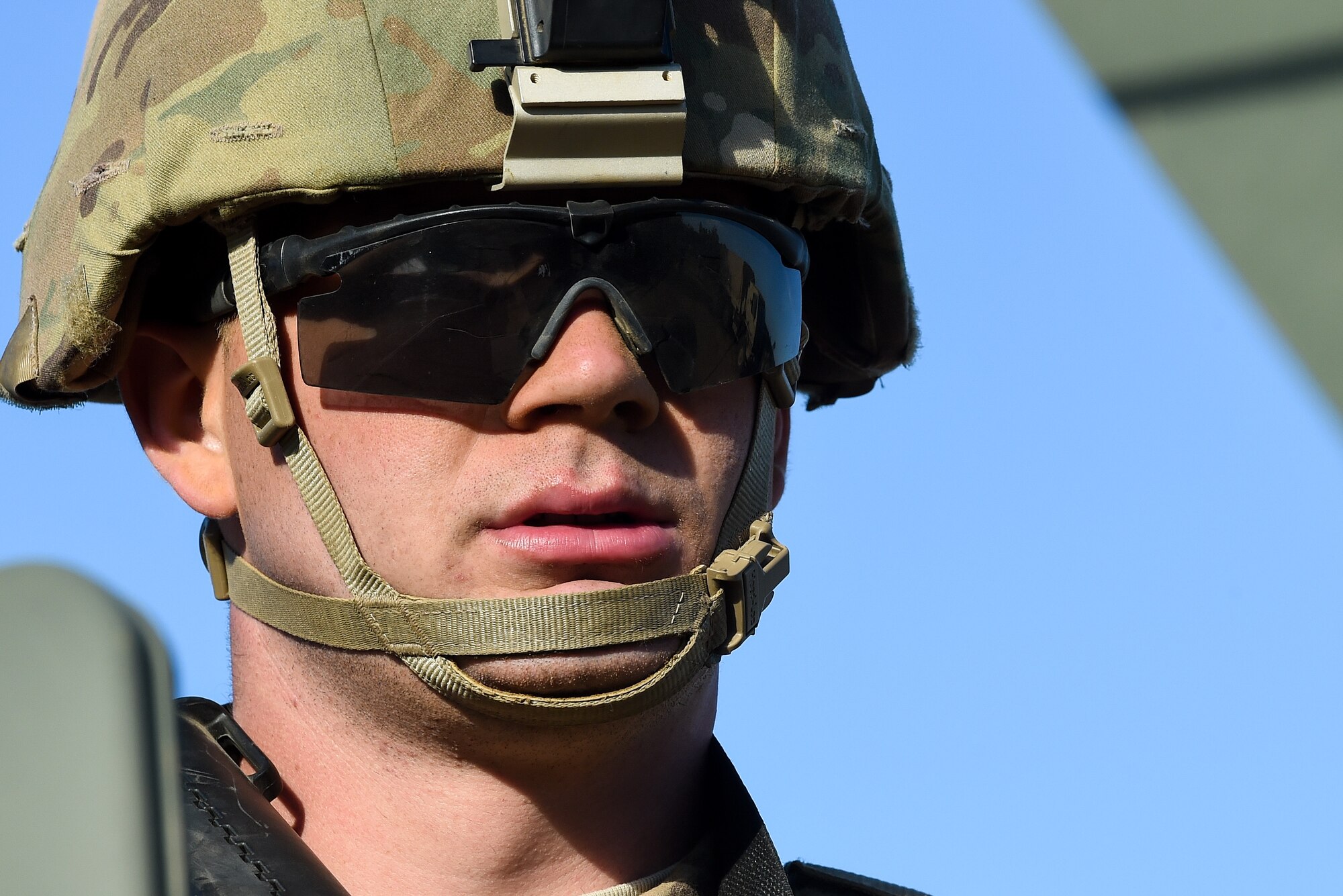Staff Sgt. Thomas Butler, a patrolman with the 1st Special Operations Security Forces Squadron, keeps watch during Task Force Exercise Southern Strike at Camp Shelby, Miss., Oct. 25, 2016. Air Commandos with the 1st Special Operations Mission Support Group came under fire during a simulated key leader engagement mission. (U.S. Air Force photo by Senior Airman Jeff Parkinson)