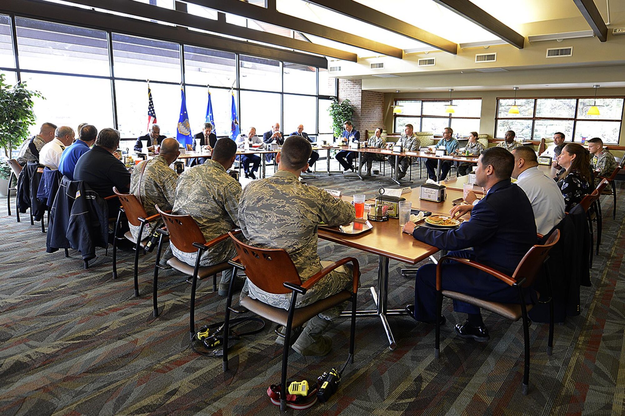Members of the 21st Civil Engineer Squadron at Peterson Air Force Base discuss the perfluorinated compounds contamination issue in the Fountain, Security, and Widefield communities’ water aquifer with Mr. Mark Correll, Deputy Assistant Secretary of the Air Force for Environment, Safety and Infrastructure at the Aragon Dining Facility, Nov. 2, 2016. Correll and his team were visiting from Headquarters U.S. Air Force, Washington, D.C. (U.S. Air Force photo by Rob Bussard)