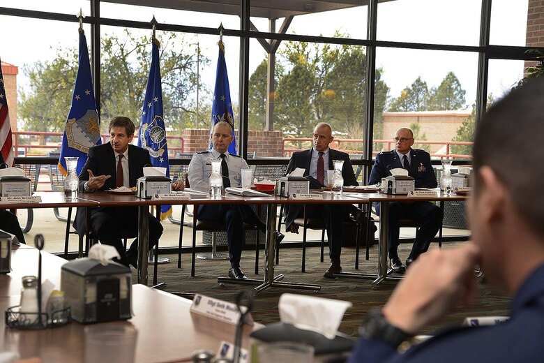 Mr. Mark Correll, Deputy Assistant Secretary of the Air Force for Environment, Safety and Infrastructure (left) answers questions from members of the 21st Civil Engineer Squadron, Peterson Air Force Base, during a luncheon at the Aragon Dining Facility Nov. 2, 2016. Correll and his team were visiting Peterson to discuss the perfluorinated compounds contamination issue in the Fountain, Security and Widefield communities’ water supply aquifer. (U.S. Air Force photo by Rob Bussard)