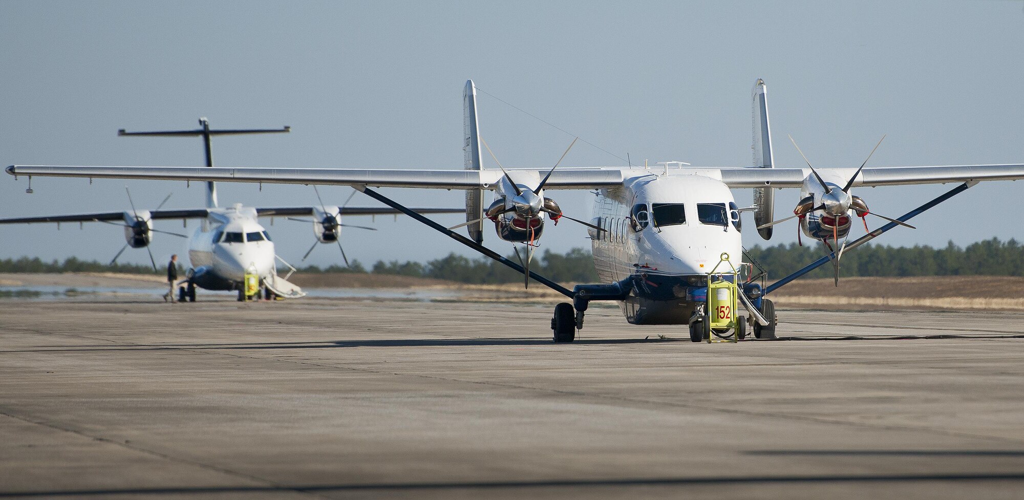 A C-145A Skytruck and a C-146A Wolfhound sit on the flightline waiting for their next mission at Duke Field, Fla.  The two planes are the primary aircraft of the 919th Special Operations Wing. (U.S. Air Force photo/Tech. Sgt. Sam King)  