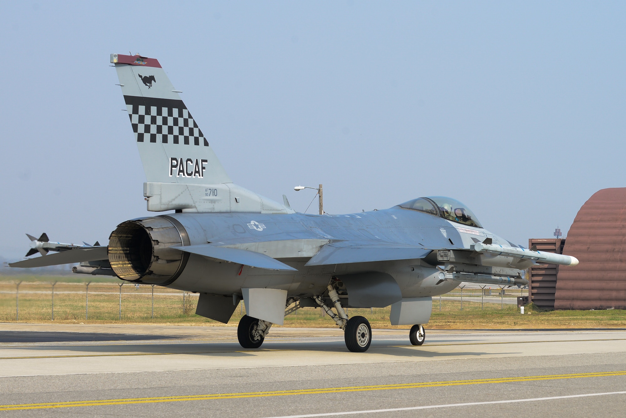 U.S. Air Force Gen. Terrence O’Shaughnessy, Pacific Air Forces commander, taxis an F-16 Fighting Falcon on the flightline before takeoff at Osan Air Base, Republic of Korea, Nov. 4, 2016. Following the flight, O’Shaughnessy rewarded 51st Maintenance Group Airmen with his coin for their contributions and excellence to the 51st Fighter Wing mission. (U.S. Air Force photo by Senior Airman Dillian Bamman)