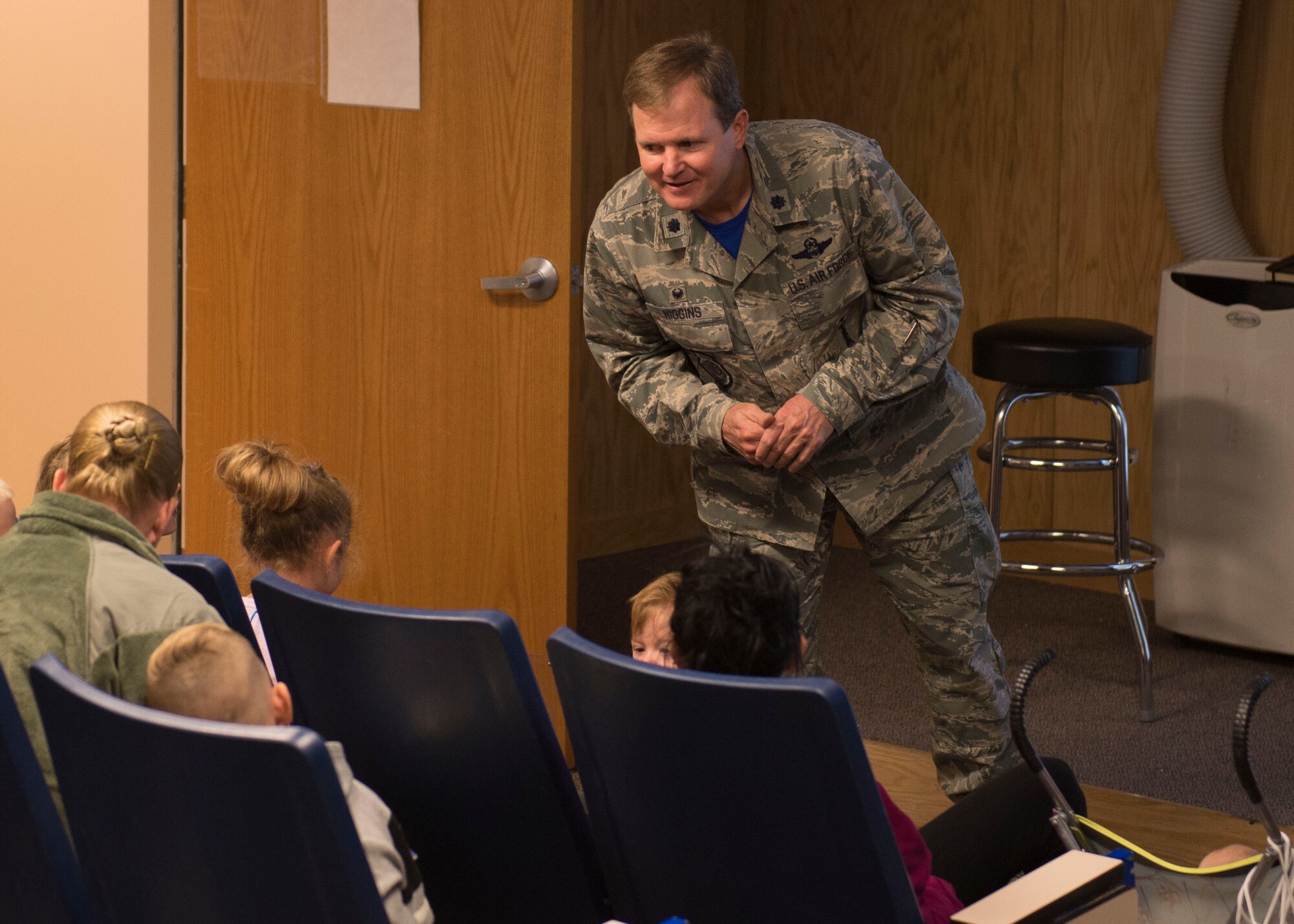 Lt. Col. Sean Higgins, 726th Air Control Squadron commander, gives a mission brief to the first group of children at the Kids Understanding Deployment Operations day Oct. 21, 2016, at Mountain Home Air Force Base, Idaho. The kids were instructed on what the day would entail, from the obstacle course to getting war paint. (U.S. Air Force photo by Airman Jeremy D. Wolff/Released)