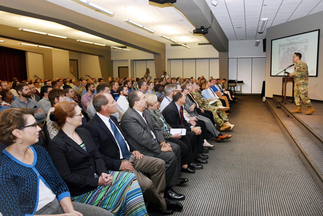 Brig. Gen. Mark Toy, U.S. Army Corps of Engineers Great Lakes and Ohio River Division commander, addresses Nashville District employees Nov. 2, 2016 about his vision during his first visit to Nashville, Tenn., since taking command. (USACE photo by Leon Roberts)