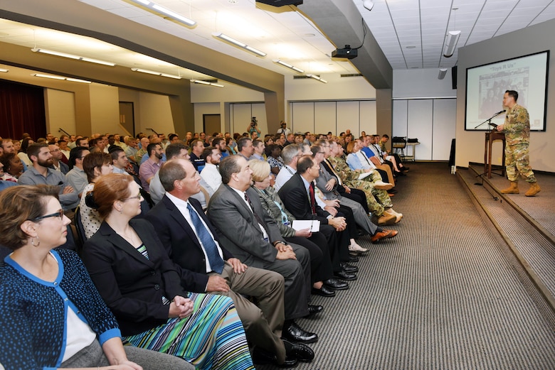 Brig. Gen. Mark Toy, U.S. Army Corps of Engineers Great Lakes and Ohio River Division commander, addresses Nashville District employees Nov. 2, 2016 about his vision during his first visit to Nashville, Tenn., since taking command. (USACE photo by Leon Roberts)