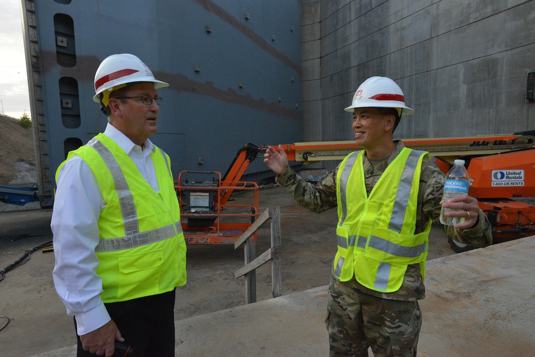 Brig. Gen. Mark Toy, U.S. Army Corps of Engineers Great Lakes and Ohio River Division commander, tours the Kentucky Lock Addition Project in Grand Rivers, Ky., Nov. 2, 2016 as part of a command priority to meet the work force and learn first-hand the national importance of civil works projects during his visit to the Nashville District. 