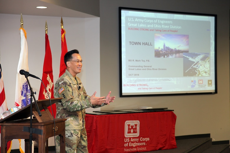 Brig. Gen. Mark Toy, U.S. Army Corps of Engineers Great Lakes and Ohio River Division commander, addresses the Nashville District work force during a town hall meeting in Nashville, Tenn., Nov. 2, 2016. The visit was a part of getting out to speak to and hear from Nashville District employees during his first 90 days of command. 