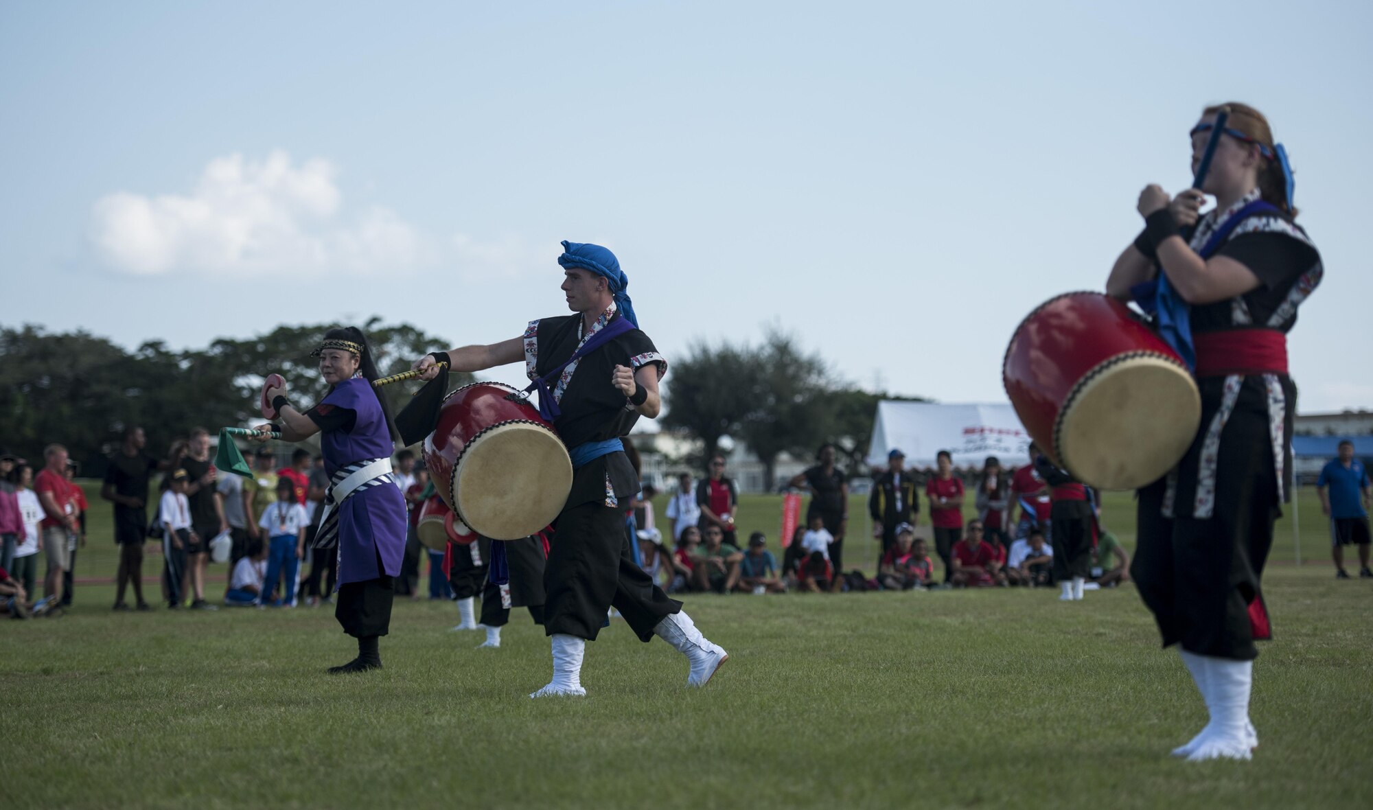 Eisa dancers perform during the closing ceremony of the Kadena Special Olympics Nov. 5, 2016, at Kadena Air Base, Japan. The KSO began in 2000 with approximately 400 athletes and 600 volunteers as an 18th Wing community goodwill initiative to strengthen U.S. - Okinawa relationships. After 17 years, the event has more than doubled in size and participation. (U.S. Air Force photo by Senior Airman Omari Bernard/Released)
