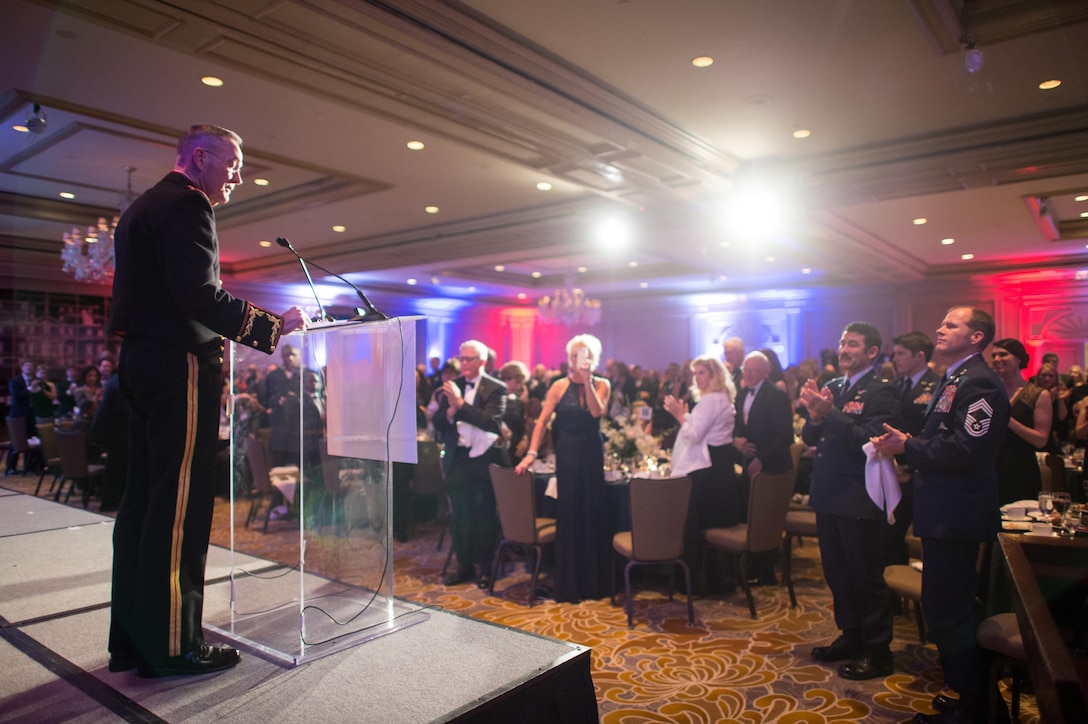 Marine Corps Gen. JoeDunford, chairman of the Joint Chiefs of Staff, delivers the keynote remarks during the 2016 Armed Services YMCA Angels of the Battlefield Awards Gala in Arlington, Virginia, Nov. 4, 2016. The 10th Annual Angels of the Battlefield Awards Gala honored medics, corpsmen and pararescuemen who demonstrated extraordinary courage while administering life-saving medical treatment and trauma care on the battlefield. DoD Photo by Army Sgt. James K. McCann