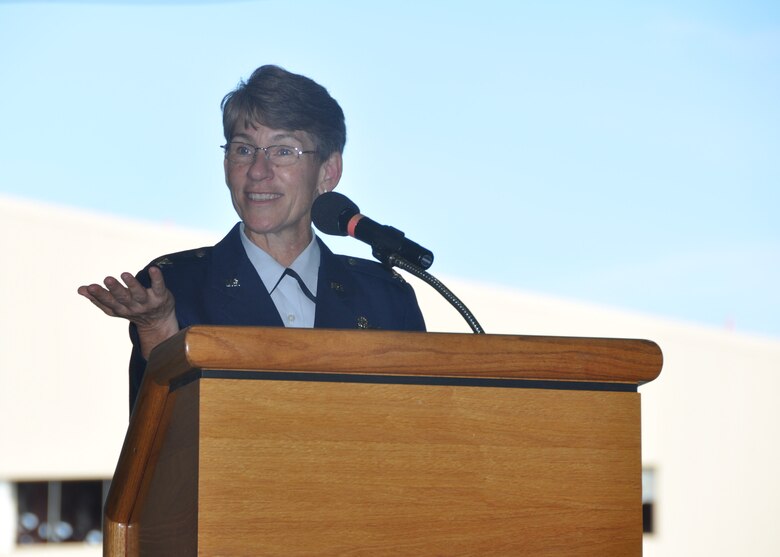 Col. Caroline B. Evernham, incoming 931st Operations Group commander, speaks to Citizen Airmen during an assumption of command ceremony Nov. 5, 2016, McConnell Air Force Base, Kan. Evernham comes to the unit from Joint Base Charleston, S.C., where she served as 315 OG commander. (U.S. Air Force photo by Senior Airman Preston Webb)