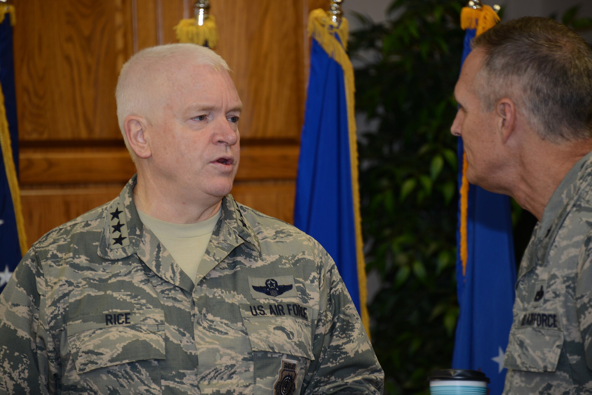 Air National Guard Director, Lt. Gen. Scott Rice, talks with Brig. Gen. Randy Greenwood, Iowa Air National Guard Chief of Staff, prior to the morning briefing at the 185th Air Refueling Wing in Sioux City, Iowa on November 5, 2016. 
U.S. Air National Guard photo by Master Sgt. Vincent De Groot 185 ARW PA
