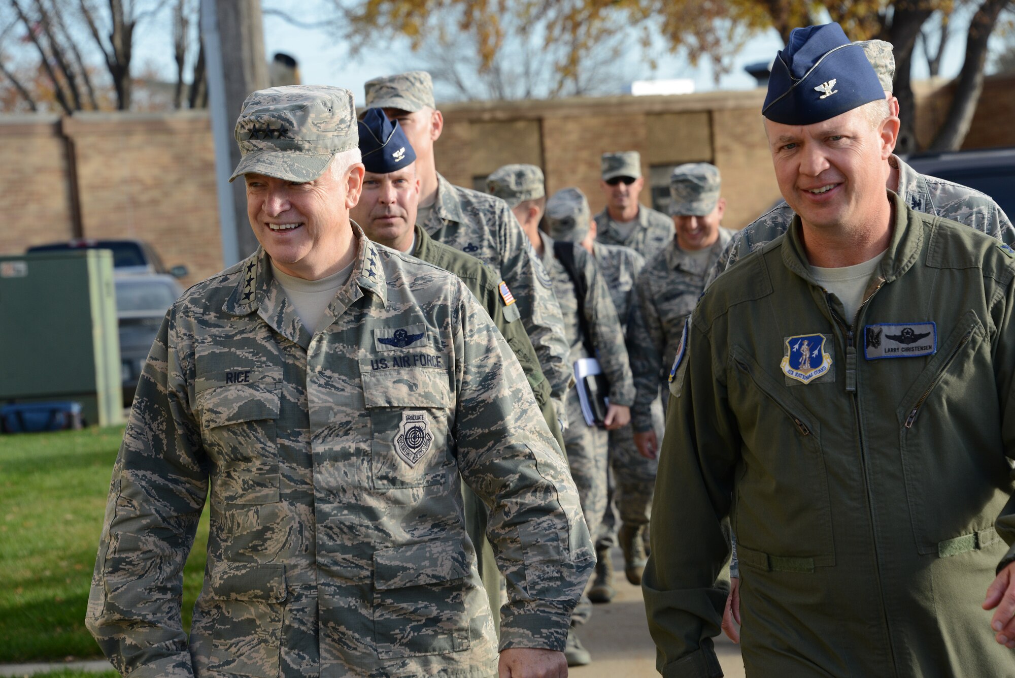 Air National Guard Director, Lt. Gen. Scott Rice, speaks with Col. Larry Christensen 185th Air Refueling Wing Commander in Sioux City, Iowa while touring the Air National Guard base in Sioux City on November 5, 2016. This is the first time in the unit’s history a sitting director of the Air Guard has visited the Air Refueling Wing located on Iowa’s western boundary.
U.S. Air National Guard photo by Master Sgt. Vincent De Groot 185 ARW PA